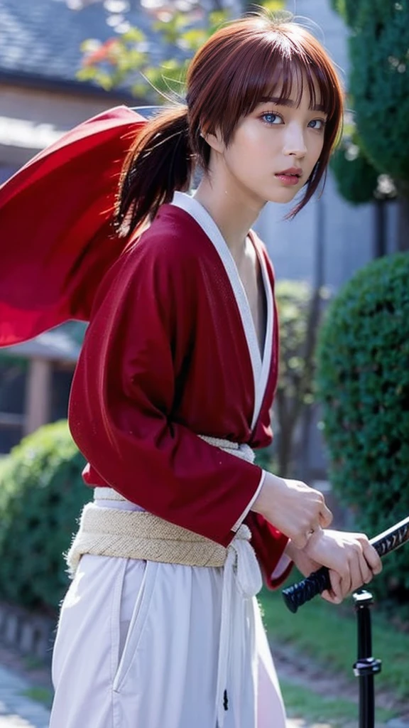 "Rurouni Kenshin",
Moment of enthusiasm, Bold,
Capturing the essence of her fiery determination and indomitable spirit, She explodes in rage, Strongly conveys the raw power of Kenshin's rage, Emphasizing the intensity of the scene, The woman is in a determined stance,
Action with a straight sword in hand,
Long hair, Ponytail, Pink hair, ((Red eyes)), Bright red lipstick,
Katana, Holding a sword in hand,
Cross sign on left cheek,
High quality, Realistic,
20-year-old female,
She wears a red kimono with an intricate pattern, Combined with a white hakama,
The lighting is realistic, (Masterpiece+Top quality+High resolution+Very detailed), (Full body:1.2),Symmetrical, One cut,