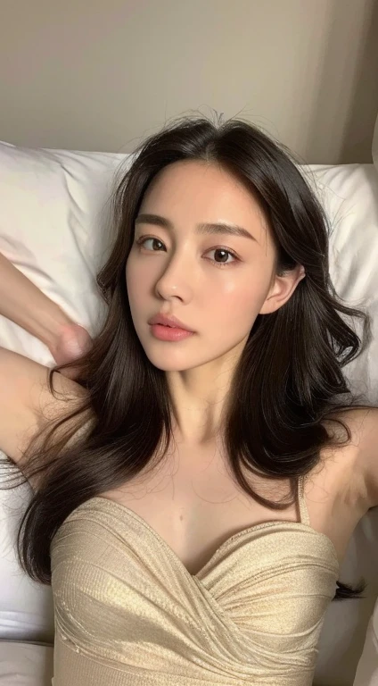 ((Highest quality, 8k, masterpiece: 1.3)), beauty, 1 girl, big: 1.3, Slim Abs: 1.1, Dark brown hair, (Lying in bed, Leg spread: 1.2), Ultra detailed face, Highly detailed lips, Detailed eyes, double eyelid, Goodreads