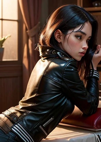 Girl in a leather jacket, (massage)