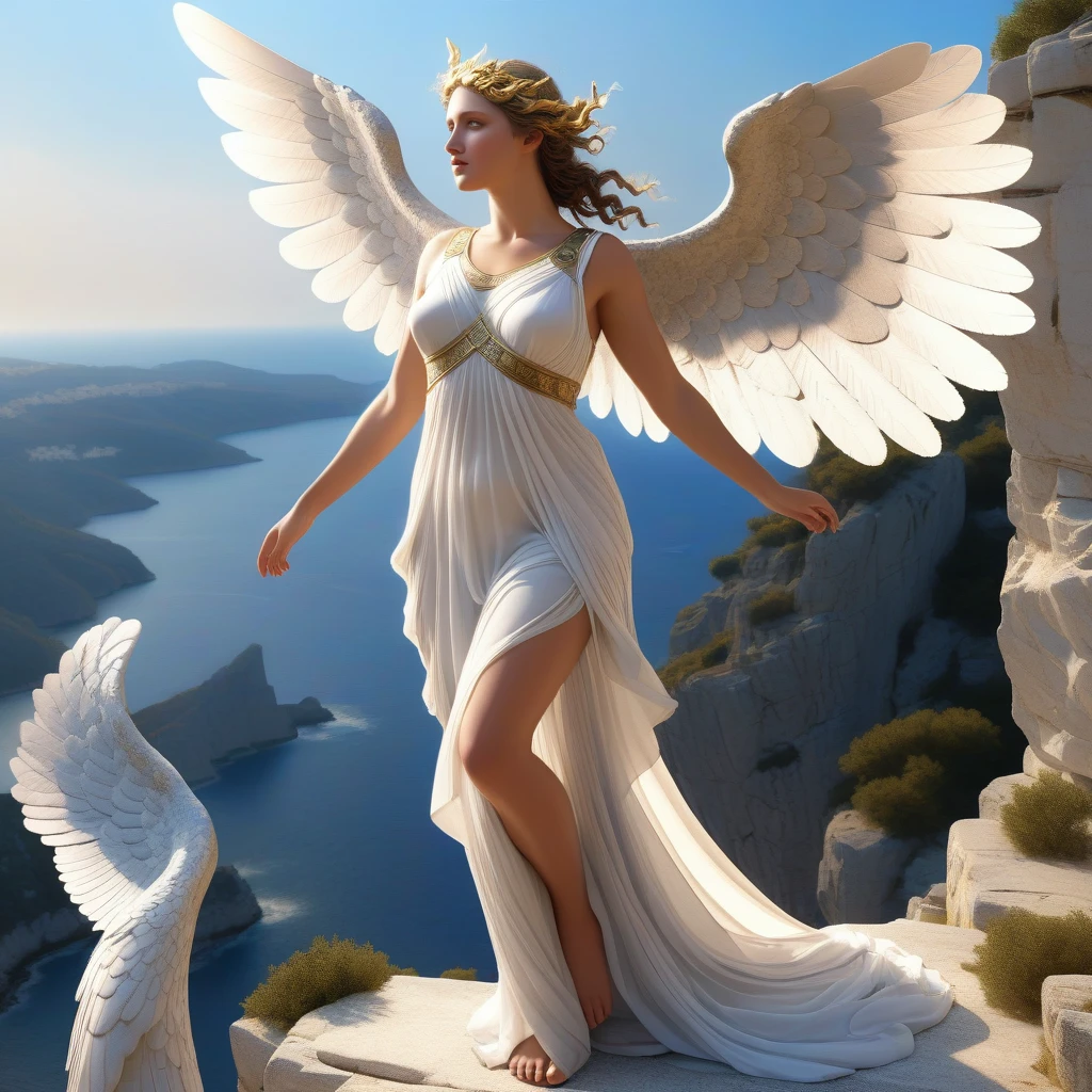 Reinterpreting the ancient Greek sculpture Nike of Samothrace in digital art to create a living goddess, intricately crafted wings, beautifully detailed body and face, beautifully detailed eyes, beautifully detailed mouth, lively facial expression, ideal proportions, large breasts, slim waist, big ass , clear skin, flowing sheer dress, graceful pose, about to take off from a cliff,