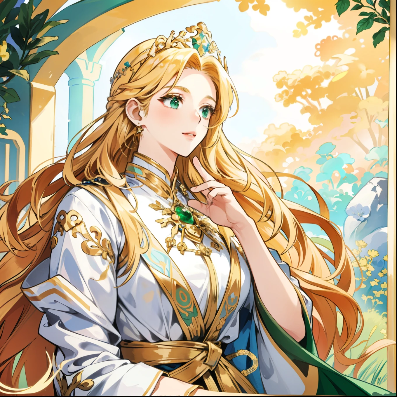 ((masterpiece:1.2, best quality)), ultra detailed, Ultra-precise depiction, Ultra-detailed depiction
Leticia, the goddess of fertility, life, and abundance. She has flowing golden hair that glimmers like sunlight, and her striking emerald green eyes are vibrant and full of life. Leticia's skin has a radiant, ethereal glow, embodying warmth and vitality. She is dressed in elegant, flowing robes in shades of white and gold, adorned with floral and vine motifs that emphasize An hourglass figure.

 Include symbols such as wheat sheaves, green vines, and golden flowers to emphasize her dominion over fertility and abundance. 

The setting can be is a temple, with white pillars.