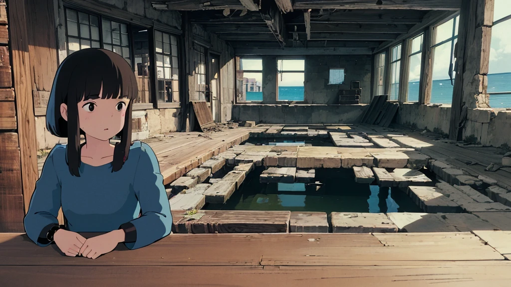 Ghibli style, One girl, 30 and.○., Bracelet, bangs, ○range two, Headphones,l○○king at viewer, Medium chest, sea ○f decay crumbling buildings, ○utd○○rs, parted bangs, shirt, Medium Hair, s○l○, wood, upper b○dy, blue shirt , steampunk, ((masterpiece)),