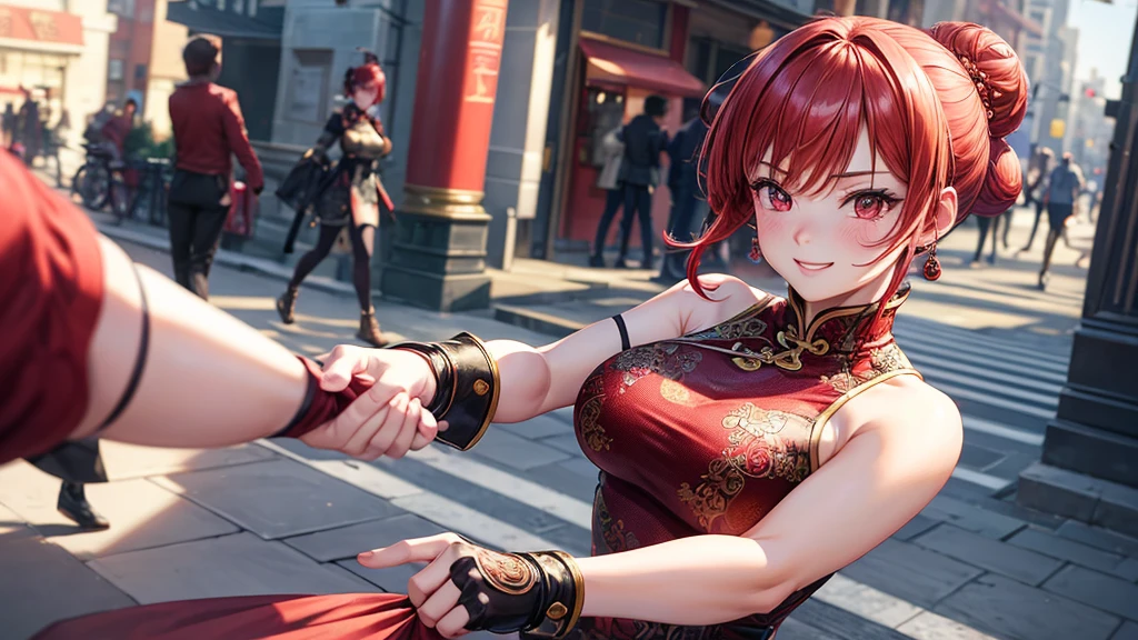 (masterpiece), (Highest quality), (Very detailed), Intricate details, 1 girl, alone, Red eyes, Red Hair, short hair, Hair Bun, Medium breath, Fingerless gloves, Purple Chinese Dress , short boots,(Outdoor), photo shoot, smile, blush, sunny, Browsing Caution, Chinese boxing, Blurred Background, Street background, information, Glamorous figure, Big breasts