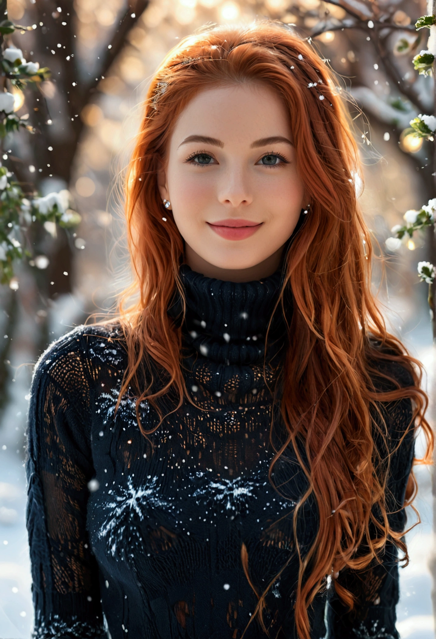 (full body shot:1.1) photorealistic image of a (standing pose:1.1) woman, ultra realistic, photography, long red hair, girl, 24 years old, hourglass figure, perfect body, Flirty look, natural medium breasts, blur background, A stylish photo that exudes glamour, a pair of beautiful legs, her perfect figure set off her fair skin in a turtleneck sweater. The scene is set in a snowy landscape, full of femininity. The girl has an infectious smile, captivating eyes, and a sensual expression that complements her for a truly captivating photo.