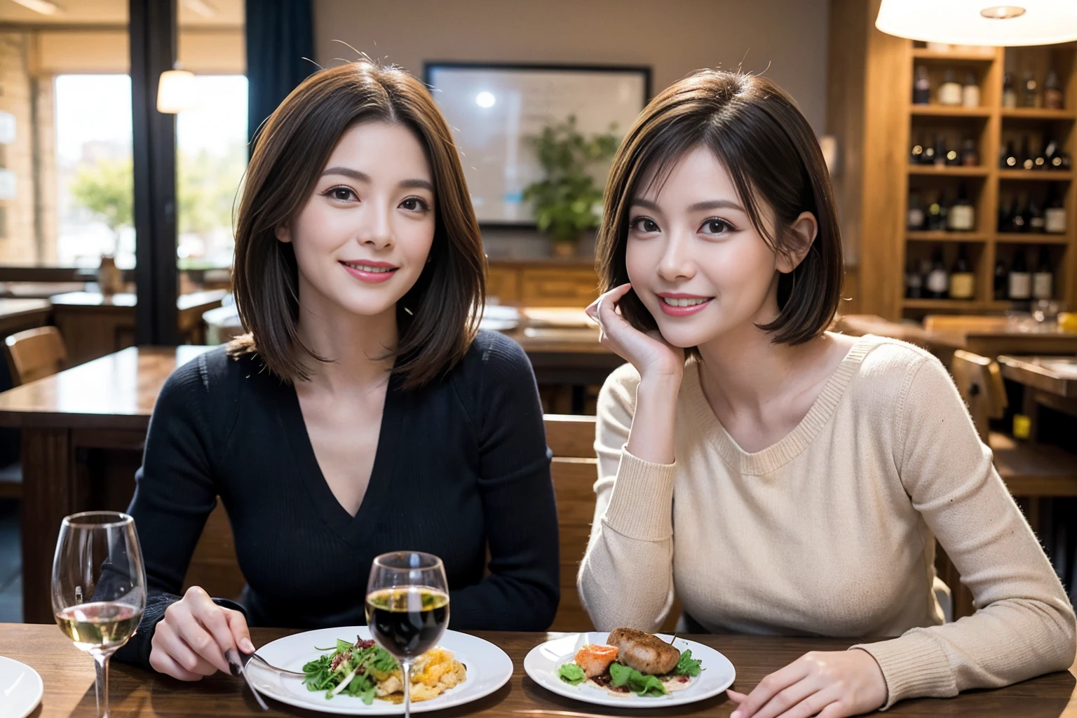 (Realistic:1.1),(masterpiece,Highest quality),8k,(49 years old), 52 years old, slimカップル、Model Couple、actress/actor、Tight waist,Upper Body,full-course dinner、wine 、Amazing view of the sunset sky and clouds、Perfect Anatomy, Brown Hair, short hair,Random Hairstyles,((Highly detailed face and eyes:1.2)),美しいactressの顔,Perfect golden ratio face,Long sleeve shirt、dress,(smile:1.2)、Shortcuts、cute、(Realistic, Intricate details:1.2), A bright smile、short hair,Bright Face、赤wine 、Appetizers、Italian food、wine bottle、Champagne、スパークリングwine、(slimな顔), (The body is slim), (Brown Hair), (Shortcuts), Upper Body, 白wine, slim, wineグラス,