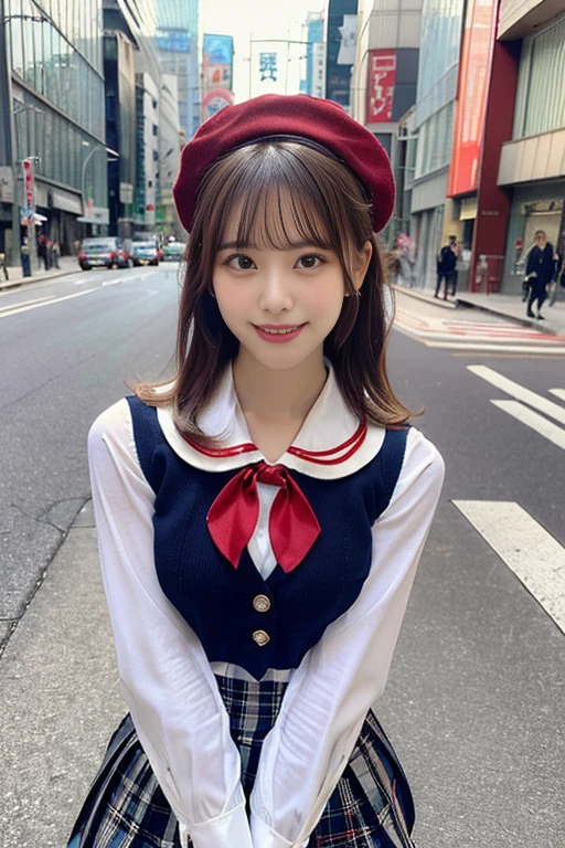 (a gorgeous lady, early 20s, at Akihabara Tokyo. They are dressed in Japanese uniform fashion, blouse with a sailor-style collar, a pleated skirt, feminine_pure_natural_look, Serafuku, Seifuku, Sailor Uniform, JK Uniform Cosplay, Buttons, Red Ribbon, Red Tie, Red neckties, Red Bolo Ties, Red Neckerchiefd, Red Bows, Sailor Collar, Sailor Hat, Western-style plaid skirts, knee-high socks, blue blazers, blue vest, random & natural pose under night sky, beautiful detailed face, beautiful detailed eyes, dimpled smile, kind & friendly smile, short straight hair, bob hair, ponytail, cute snaggletooth, ample round bosom, strengthened chest, Fit & Healthy body proportion, photorealistic, hyper-realism, high contrast, ultra HD, realistic skin textures, top image quality, top-quality, super high resolution, fine details, very meticulously, bokeh background, full_body-shot, vivid colours, masterpiece) 🍑🎩
