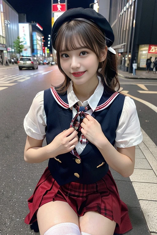 (a gorgeous lady, early 20s, at Akihabara Tokyo. They are dressed in Japanese uniform fashion, blouse with a sailor-style collar, a pleated skirt, feminine_pure_natural_look, Serafuku, Seifuku, Sailor Uniform, JK Uniform Cosplay, Buttons, Red Ribbon, Red Tie, Red neckties, Red Bolo Ties, Red Neckerchiefd, Red Bows, Sailor Collar, Sailor Hat, Western-style plaid skirts, knee-high socks, blue blazers, blue vest, random & natural pose under night sky, beautiful detailed face, beautiful detailed eyes, dimpled smile, kind & friendly smile, short straight hair, bob hair, ponytail, cute snaggletooth, ample round bosom, strengthened chest, Fit & Healthy body proportion, photorealistic, hyper-realism, high contrast, ultra HD, realistic skin textures, top image quality, top-quality, super high resolution, fine details, very meticulously, bokeh background, full_body-shot, vivid colours, masterpiece) 🍑🎩