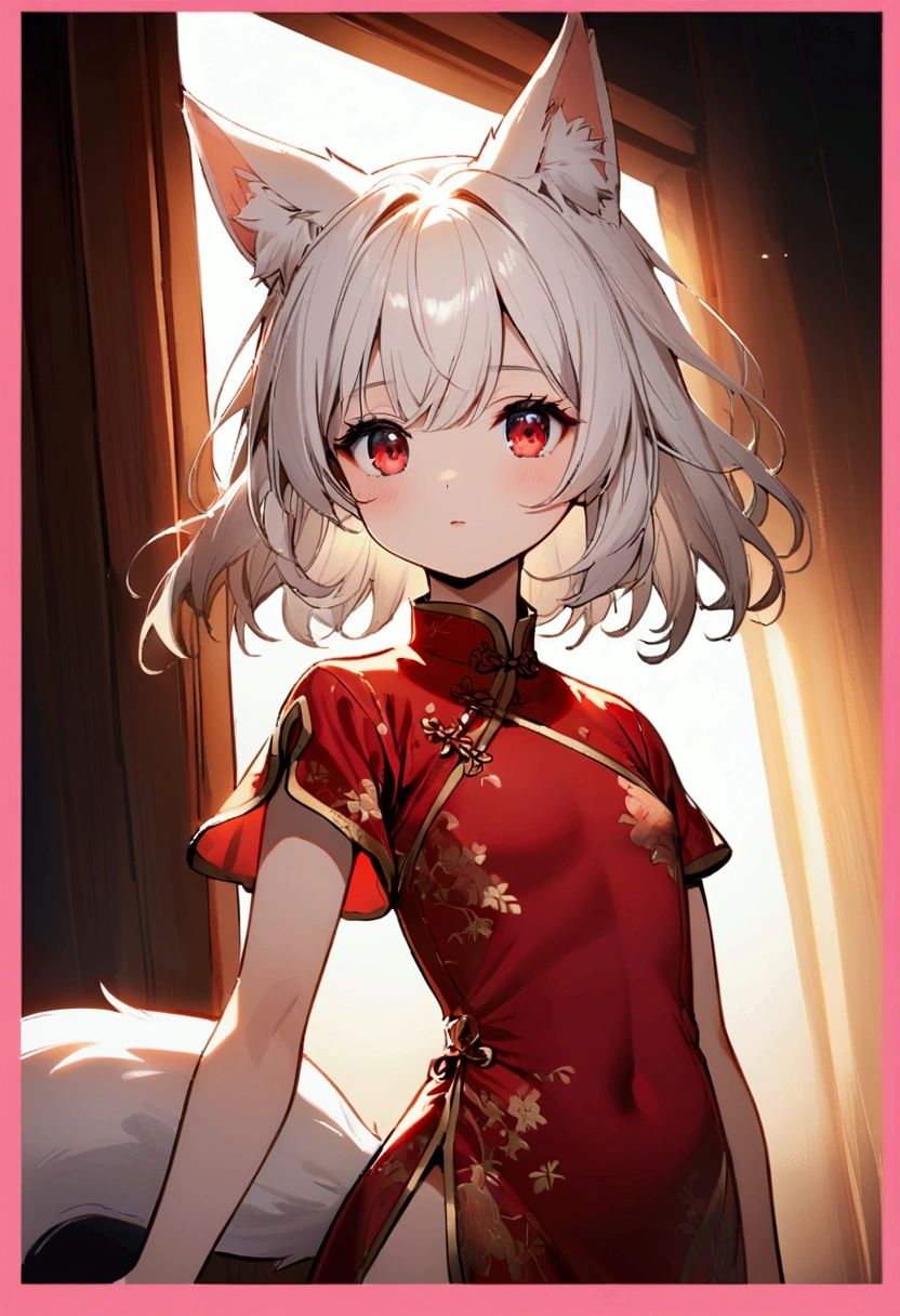 with short white hair, Red Eyes, White fox ears with pink border, Red Chinese dress with border, and white and pink tail.