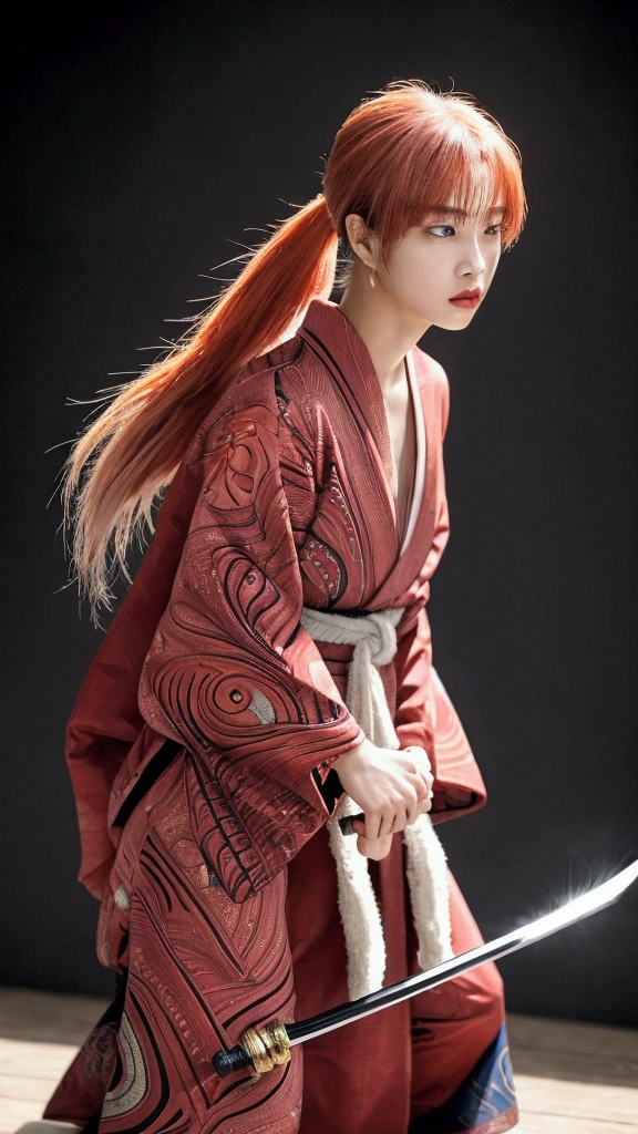 "Rurouni Kenshin",
Moment of enthusiasm, Bold,
Capturing the essence of her fiery determination and indomitable spirit, She explodes in rage, Strongly conveys the raw power of Kenshin's rage, Emphasizing the intensity of the scene, The woman is in a determined stance,
Action with a straight sword in hand,
Long hair, Ponytail, Pink hair, ((Red eyes)), Bright red lipstick,
Katana, Holding a sword in hand,
Cross sign on left cheek,
High quality, Realistic,
20-year-old female,
She wears a red kimono with an intricate pattern, Combined with a white hakama,
The lighting is realistic, (Masterpiece+Top quality+High resolution+Very detailed), (Full body:1.2),Symmetrical, One cut,