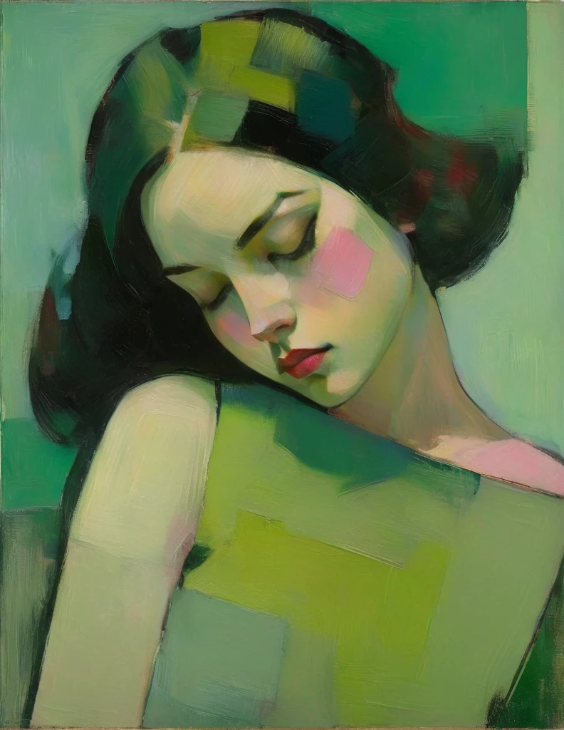 Create a portrait of a young woman in a semi-reclining pose with a pensive expression. Use a painterly style inspired by Malcolm Liepke, characterized by expressive brushstrokes and rich texture. Employ a color palette of muted greens, soft pinks, deep purples, and subtle flesh tones to evoke a sense of depth and emotion. The background should consist of abstract, textured layers in complementary colors, blending seamlessly with the figure. Pay attention to the contrast between the smooth, detailed rendering of the face and the rough, textured application of paint in the surrounding areas. Capture the delicate balance of vulnerability and strength in the subject's gaze and posture, naked body