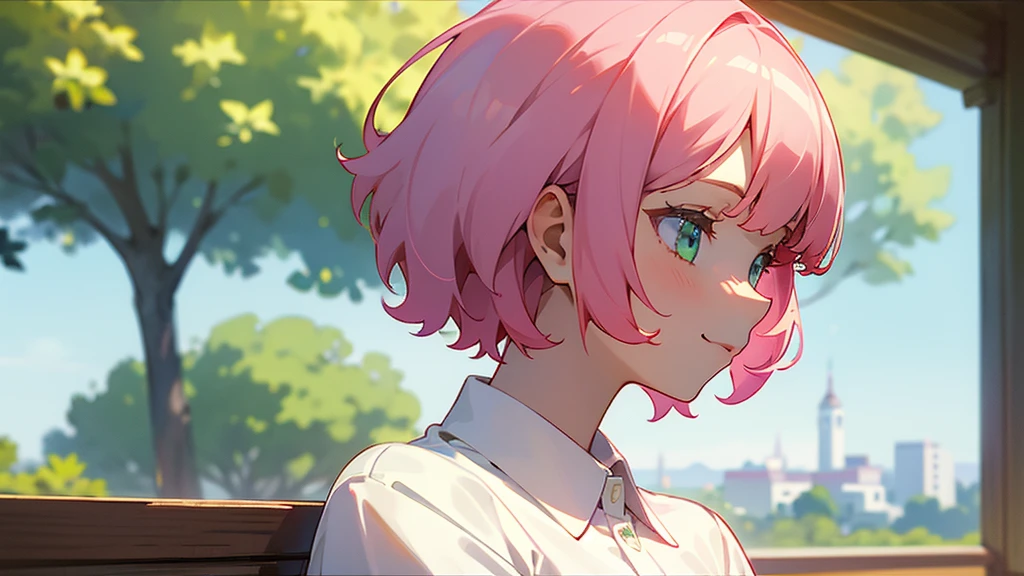 １girl、Trypophobia Eyes、Pink Hair、short hair、bangs、Green Eyes、Beautiful Eyes、White polo shirt、smile、profile、Face close-up、Morning Cafe Terrace、Background Blur, Written boundary depth