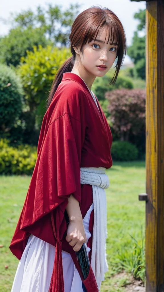 "Rurouni Kenshin",
Moment of enthusiasm, Bold,
Capturing the essence of her fiery determination and indomitable spirit, She explodes in rage, Strongly conveys the raw power of Kenshin's rage, Emphasizing the intensity of the scene, The woman is in a determined stance,
Action with a straight sword in hand,
Long hair, Ponytail, Pink hair, ((Red eyes)), Bright red lipstick,
Katana, Holding a sword in hand,
Cross sign on left cheek,
High quality, Realistic,
20-year-old female,
She wears a red kimono with an intricate pattern, Combined with a white hakama,
The lighting is realistic, (Masterpiece+Top quality+High resolution+Very detailed), (Full body:1.2),Symmetrical, One cut,