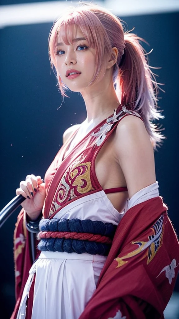 "Rurouni Kenshin",
Moment of enthusiasm, Bold,
Capturing the essence of her fiery determination and indomitable spirit,She explodes in rage,Strongly conveys the raw power of Kenshin's rage,Emphasis on the intensity of the scene,The woman is in a determined stance,
Action with a straight sword in hand,
Long hair, Ponytail, ((pink hair color)),((red eyes)),Bright red lipstick,
Katana,Holding a sword in hand,
Cross sign on left cheek,
High quality, Realistic,
20-year-old female,
She wears a red kimono with an intricate pattern,Paired with a white hakama,
The lighting is realistic, (Masterpiece+Top quality+High resolution+Very detailed), (Full body:1.2),Symmetrical,One cut,