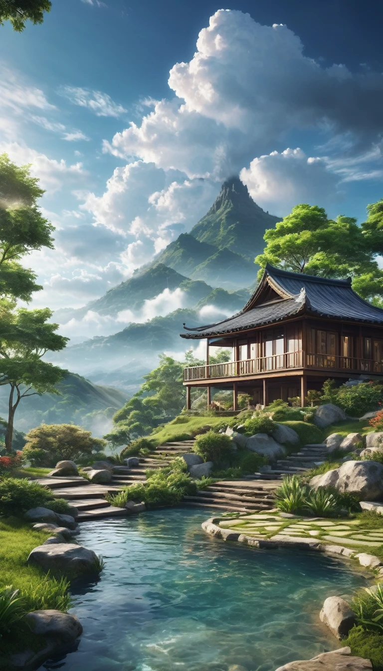 Unparalleled masterpiece, (photorealistic:1.4), best quality, beautiful lighting, (hot spring), (extremely detailed CG unity 8k wallpaper), full shot landscape photo of the most beautiful artwork in the world, cloudy sky background lush landscape house and trees illustration concept art