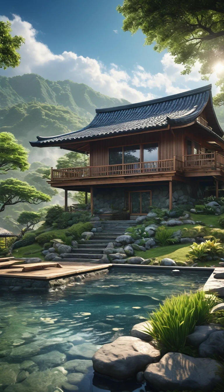 Unparalleled masterpiece, (photorealistic:1.4), best quality, beautiful lighting, (hot spring), (extremely detailed CG unity 8k wallpaper), full shot landscape photo of the most beautiful artwork in the world, cloudy sky background lush landscape house and trees illustration concept art