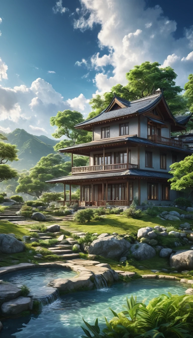 Unparalleled masterpiece, (photorealistic:1.4), best quality, beautiful lighting, (hot spring), (extremely detailed CG unity 8k wallpaper), full shot landscape photo of the most beautiful artwork in the world, cloudy sky background lush landscape house and trees illustration concept art