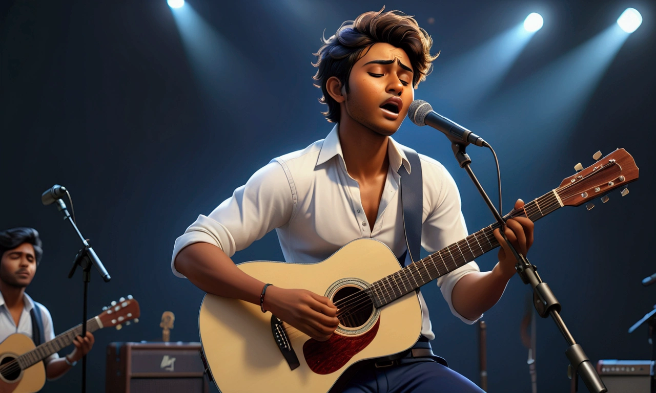a Bangladeshi college student, white shirt, navy blue pants, shot in chest, acoustic guitar, singing, (best quality,4k,8k,highres,masterpiece:1.2),ultra-detailed,(realistic,photorealistic,photo-realistic:1.37),digital painting,highly detailed face, intricate details, cinematic lighting, dramatic shadows, dynamic pose, emotional expression, solo portrait, environmental setting, brown skin, dark hair, music, sadness, melancholy, gritty, somber