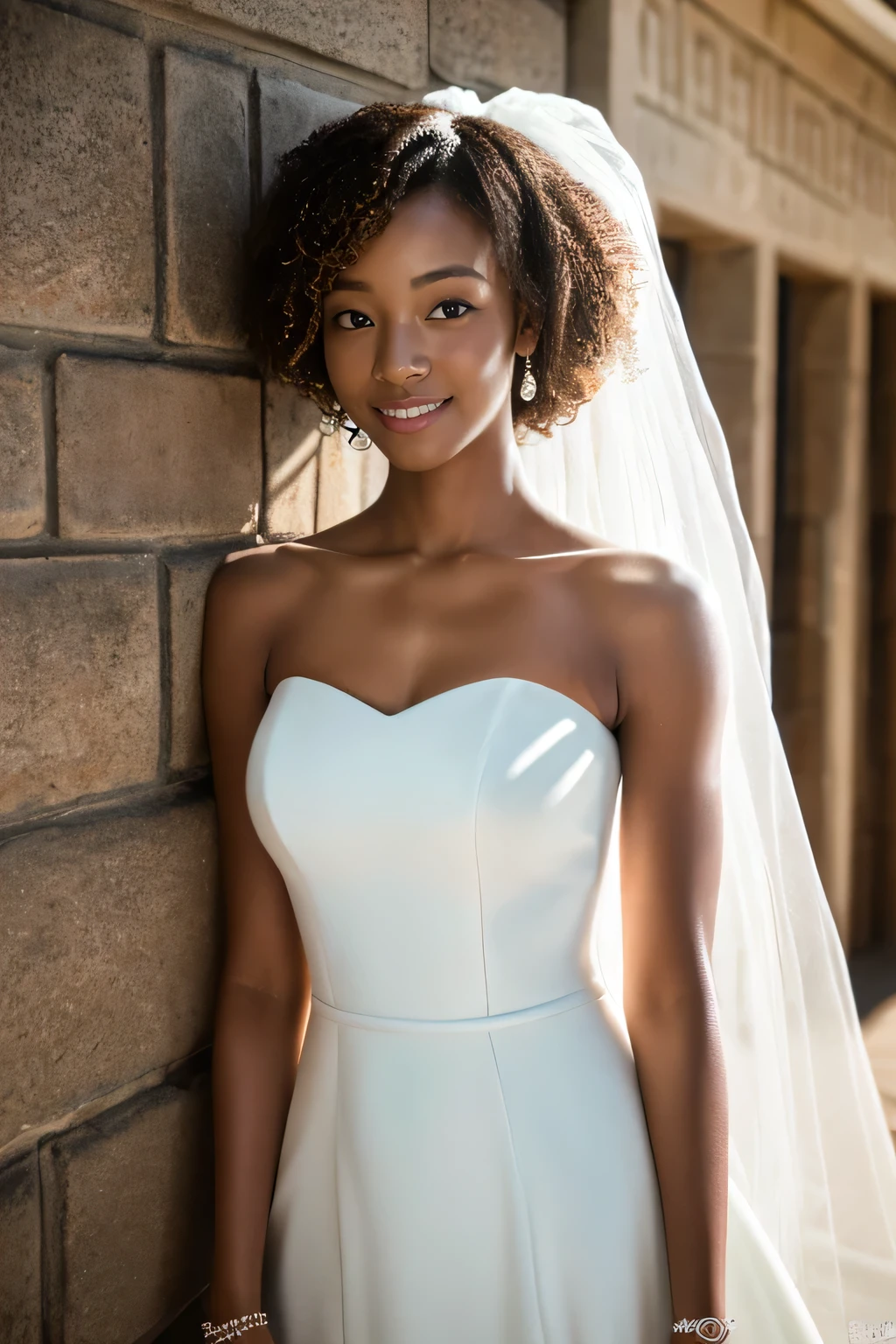 masterpiece, highest quality, Photoreal, Super detailed, finely, High resolution, 8k wallpaper, Professional, Advanced level of detail, (Female college student standing in front of the chapel and posing:1.2), slender black african woman, ((facing the front:1.5)), detailed clavicle, Medium chest、perfect face, medium hair, curly hair、(gorgeous white wedding dress:1.5)、gentle smile、full body shot、(brown skin:1.5)