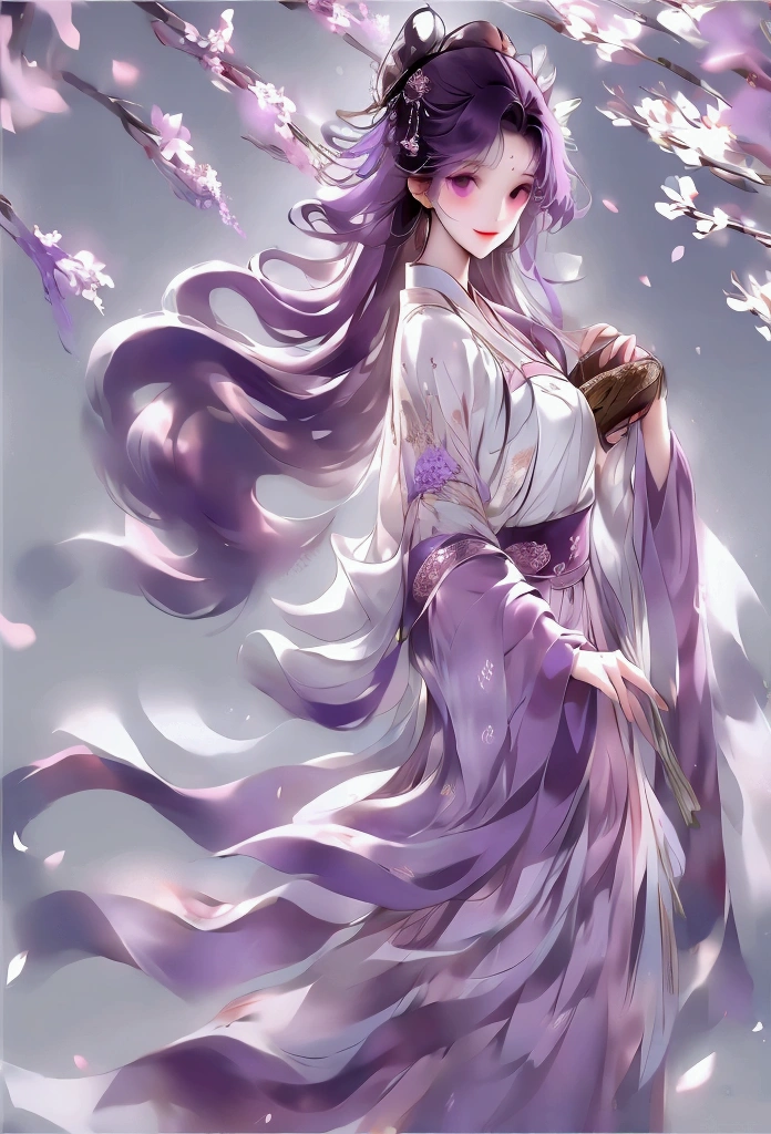 1girl, purple eyes, Long purple hair decorated with flowers 🏵️, bright brown eyes,Smile, smile,Girl wearing a simple hanfu, looks beautiful and pure,The background is filled with purple mulberry trees 🍁,Falling leaves make the atmosphere look beautiful,Girl is holding a bamboo basket containing mulberry flowers 🍁while picking flowers, graceful, beautiful, magical, sweet, 4k