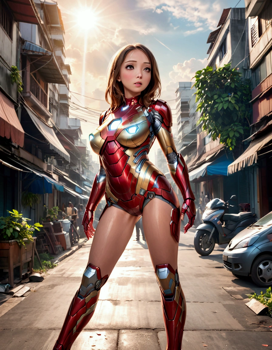 a cute woman, 25 years old, wearing a sexy iron man suit, heroic pose, saving bangkok city, daytime, epic battle, good vs evil, highly detailed, 8k, photorealistic, intricate details, dramatic lighting, cinematic, concept art style