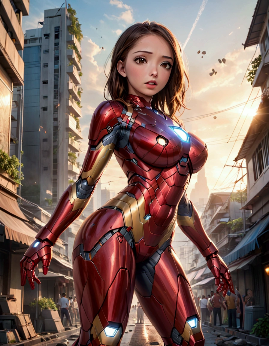 a cute woman, 25 years old, wearing a sexy iron man suit, heroic pose, saving bangkok city, daytime, epic battle, good vs evil, highly detailed, 8k, photorealistic, intricate details, dramatic lighting, cinematic, concept art style