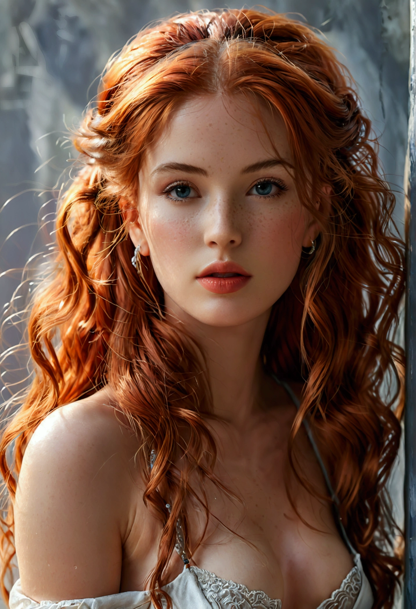 (full body shot:1.1) photorealistic image of a (standing pose:1.1) woman, ultra realistic, photography, long red hair, girl, 24 years old, hourglass figure, perfect body, Flirty look, natural medium breasts, blur background, (Masterpiece, best quality, photorealistic, high res, photography: 1.3), close-up shot, sharp focus, hair bun, hot model, slim, realistic skin, (perfect body, cleavage), erotic, sexual gaze, medium breasts, slim, extremely detailed hair, shiny lips, outdoor, ((vivid light, dynamic lighting, realistic, super realistic, realism, realistic detail, background grey, grey solid background