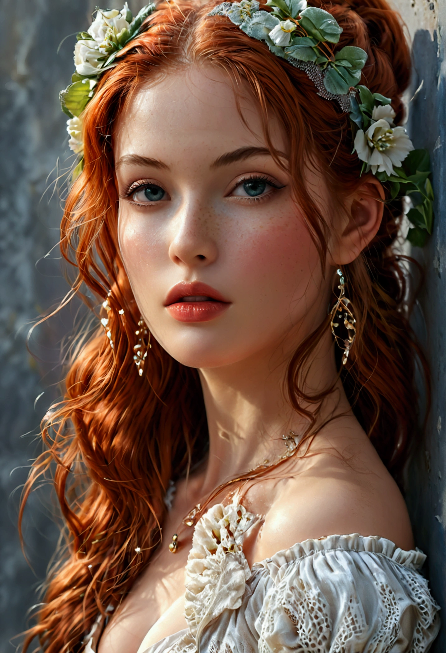 (full body shot:1.1) photorealistic image of a (standing pose:1.1) woman, ultra realistic, photography, long red hair, girl, 24 years old, hourglass figure, perfect body, Flirty look, natural medium breasts, blur background, (Masterpiece, best quality, photorealistic, high res, photography: 1.3), close-up shot, sharp focus, hair bun, hot model, slim, realistic skin, (perfect body, cleavage), erotic, sexual gaze, medium breasts, slim, extremely detailed hair, shiny lips, outdoor, ((vivid light, dynamic lighting, realistic, super realistic, realism, realistic detail, background grey, grey solid background
