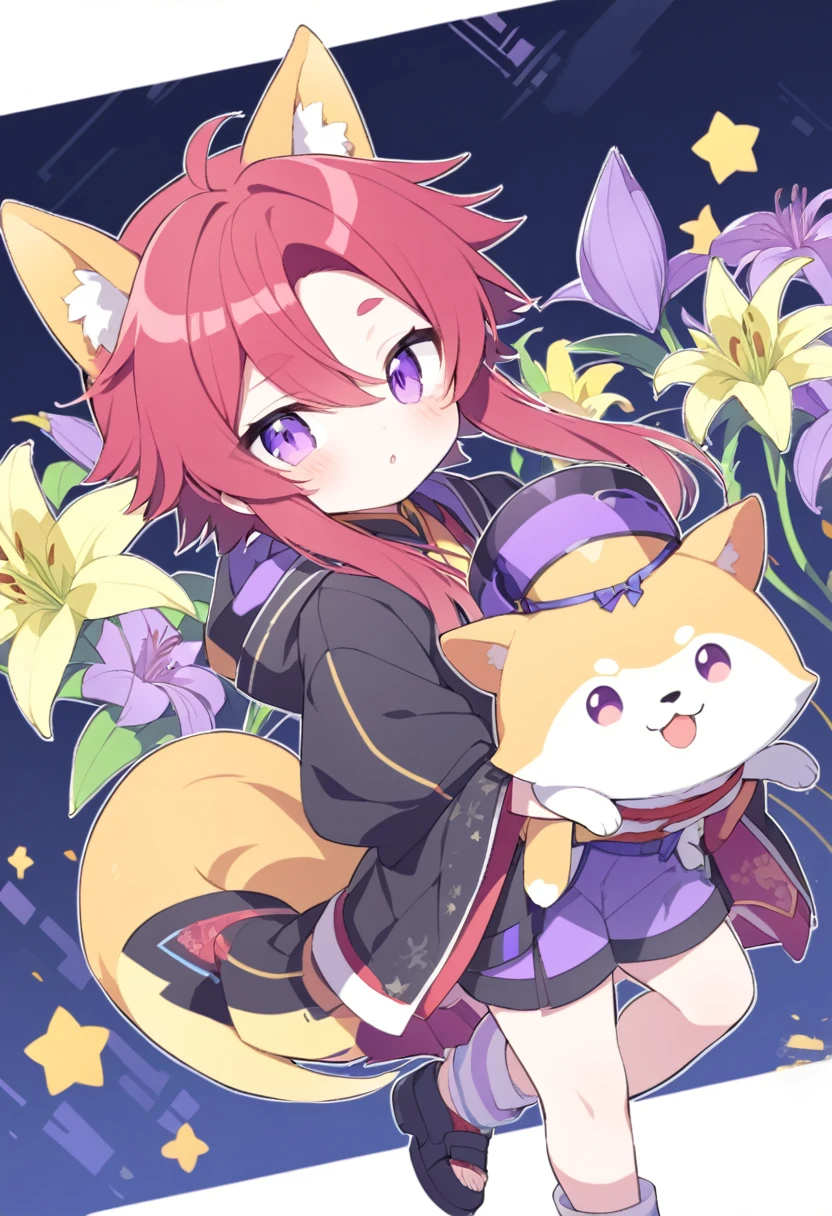Shota male Red hair dog ears and tail He has yellow and purple eyes. Lily Dog