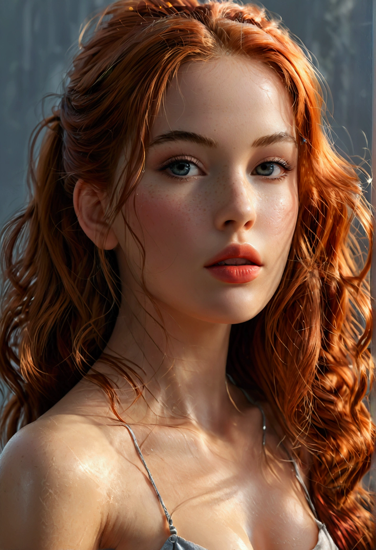 (full body shot:1.1) photorealistic image of a (standing pose:1.1) woman, ultra realistic, photography, long red hair, girl, 24 years old, hourglass figure, perfect body, Flirty look, natural medium breasts, blur background, (Masterpiece, best quality, photorealistic, high res, photography: 1.3), close-up shot, sharp focus, hair bun, hot model, slim, realistic skin, (perfect body, cleavage), erotic, sexual gaze, medium breasts, slim, extremely detailed hair, shiny lips, outdoor, ((vivid light, dynamic lighting, realistic, super realistic, realism, realistic detail, background grey, grey solid background