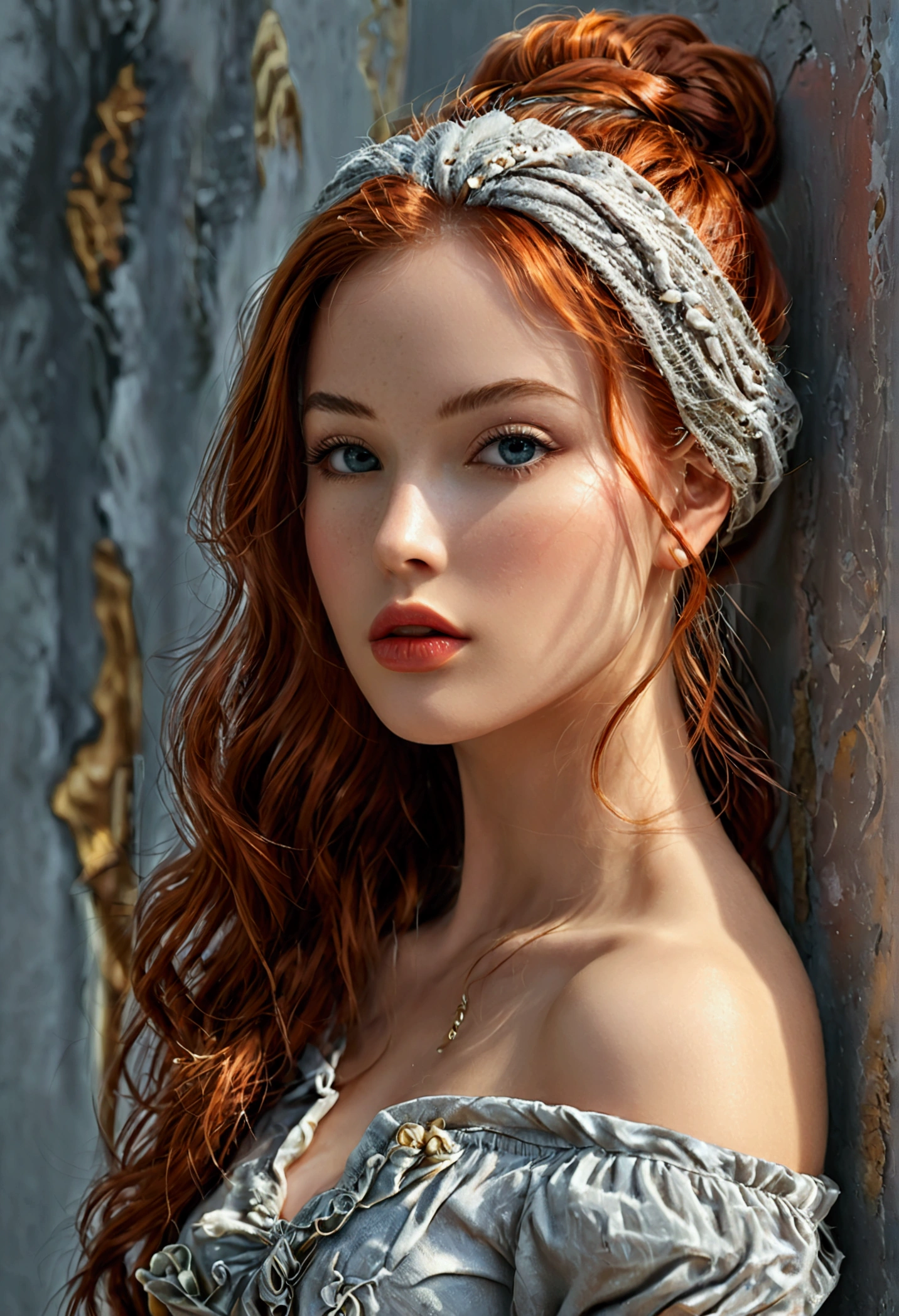 (full body shot:1.1) photorealistic image of a (standing pose:1.1) woman, ultra realistic, photography, long red hair, girl, 24 years old, hourglass figure, perfect body, Flirty look, natural medium breasts, blur background, (Masterpiece, best quality, photorealistic, high res, photography: 1.3), close-up shot, sharp focus, hair bun, hot model, slim, realistic skin, (perfect body, cleavage), erotic, sexual gaze, medium breasts, slim, extremely detailed hair, shiny lips, outdoor, ((vivid light, dynamic lighting, realistic, super realistic, realism, realistic detail, background grey, grey solid background