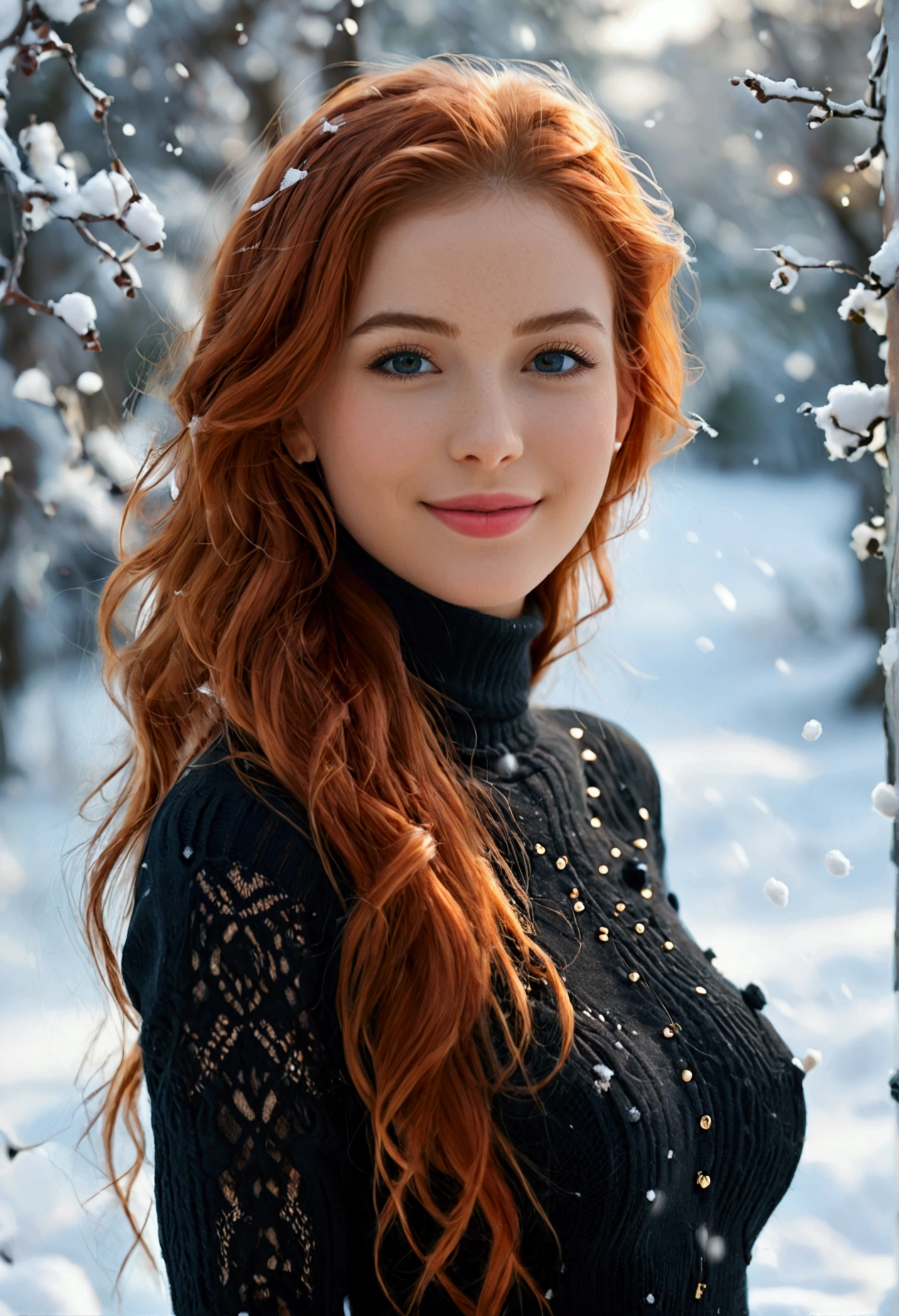 (full body shot:1.1) photorealistic image of a (standing pose:1.1) woman, ultra realistic, photography, long red hair, girl, 24 years old, hourglass figure, perfect body, Flirty look, natural medium breasts, blur background, A stylish photo that exudes glamour, a pair of beautiful legs, her perfect figure set off her fair skin in a turtleneck sweater. The scene is set in a snowy landscape, full of femininity. The girl has an infectious smile, captivating eyes, and a sensual expression that complements her for a truly captivating photo.