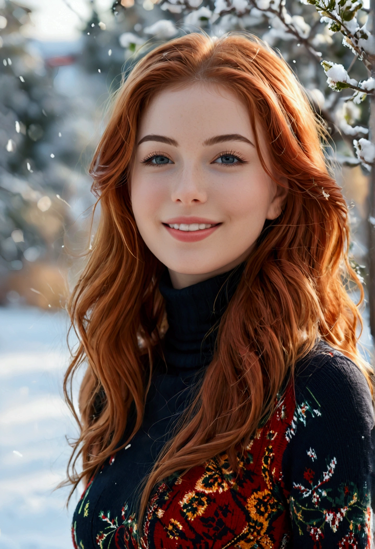 (full body shot:1.1) photorealistic image of a (standing pose:1.1) woman, ultra realistic, photography, long red hair, girl, 24 years old, hourglass figure, perfect body, Flirty look, natural medium breasts, blur background, A stylish photo that exudes glamour, a pair of beautiful legs, her perfect figure set off her fair skin in a turtleneck sweater. The scene is set in a snowy landscape, full of femininity. The girl has an infectious smile, captivating eyes, and a sensual expression that complements her for a truly captivating photo.