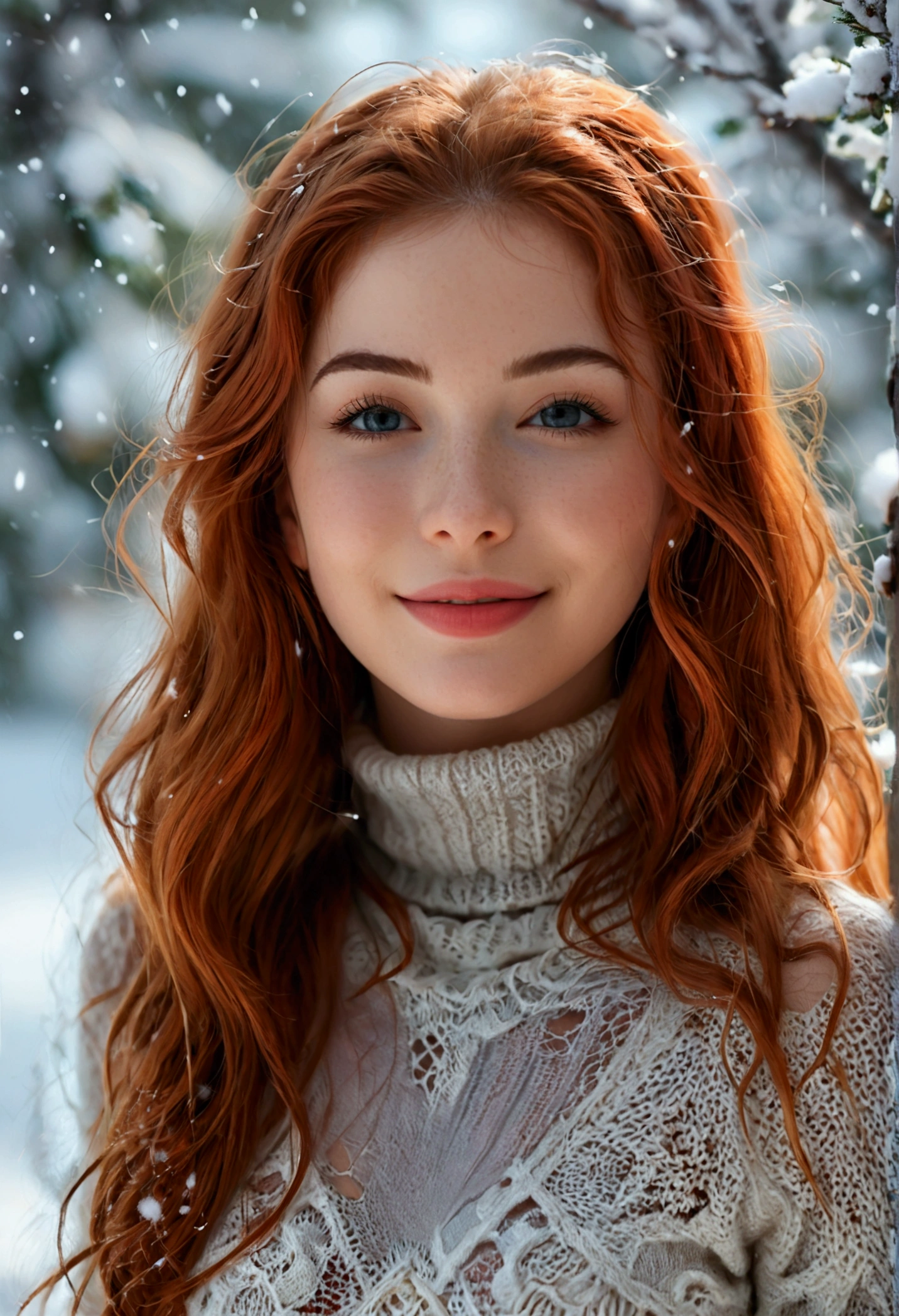 (full body shot:1.1) photorealistic image of a (standing pose:1.1) woman, ultra realistic, photography, long red hair, girl, 24 years old, hourglass figure, perfect body, Flirty look, natural medium breasts, blur background, A stylish photo that exudes glamour, a pair of beautiful legs, her perfect figure set off her fair skin in a turtleneck sweater. The scene is set in a snowy landscape, full of femininity. The girl has an infectious smile, captivating eyes, and a sensual expression that complements her for a truly captivating photo.