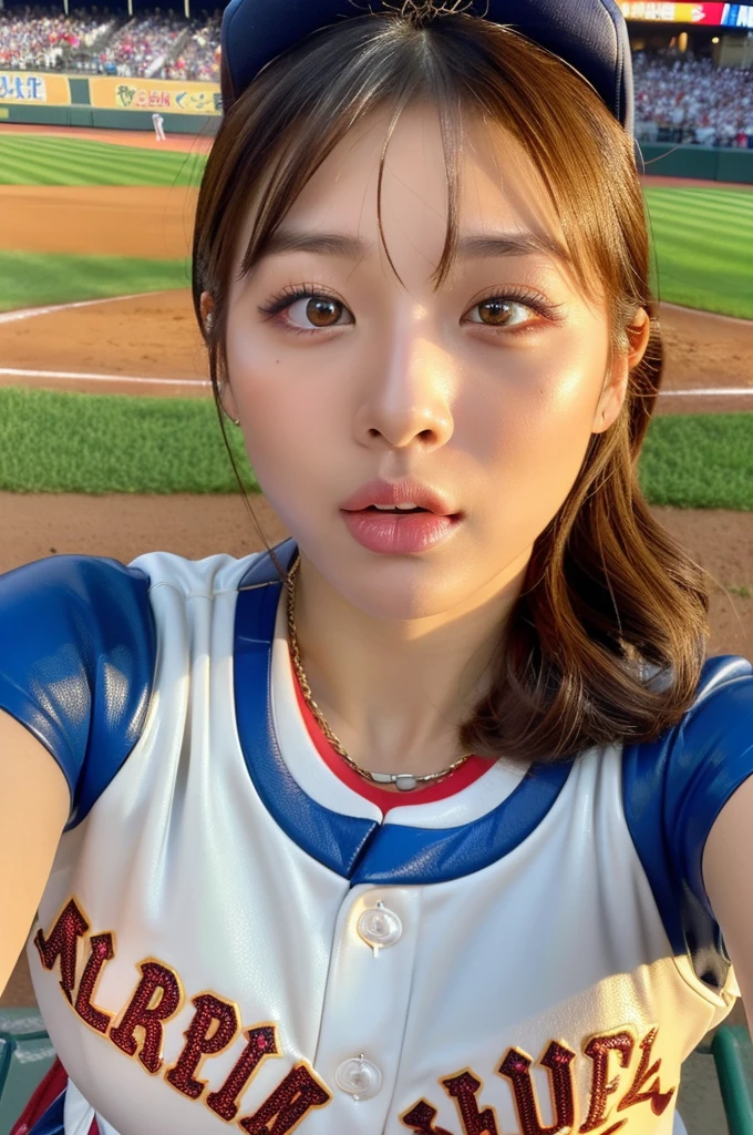 (masterpiece, ultra-detailed, ultra-realistic, best quality, clear focus, photorealistic), solo, 1 woman, (ultra-high resolution, 8k, 16k:1.3), (perfect anatomy:1.3), perfect face, (detailed face, detailed eye), (22 years old Japanese idol but professional baseball player:1.3), (wearing a colorful with cute famous team's uniform is made of very thick leather:1.2), (extremely tight fitting:1.3), (Playing baseball at large stadium with a full house:1.2), (large breasts:1.2), slim waist, (very beautiful with very cute but cool face), (Bad girl:1), cool girl atmosphere, makeup, eyeliner, (dynamic angle:1.3), very slender but very muscular, very broad shoulders, (face focus:1.3), (professional light:1.3), peck lips, round lips, thin lips, incoming kiss, outstretched arms, (seducing:1.3), open mouth