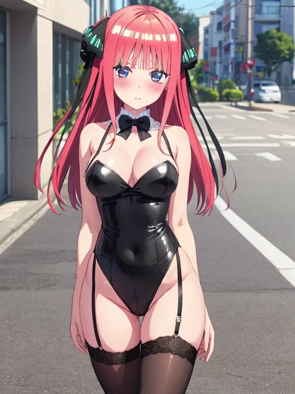 best quality, insanely detailed, nino nakano, breasts, blush, outdoor background, bare-shoulder, looking at viewer, garter strap, a black ribbon, stockings, highleg leotard