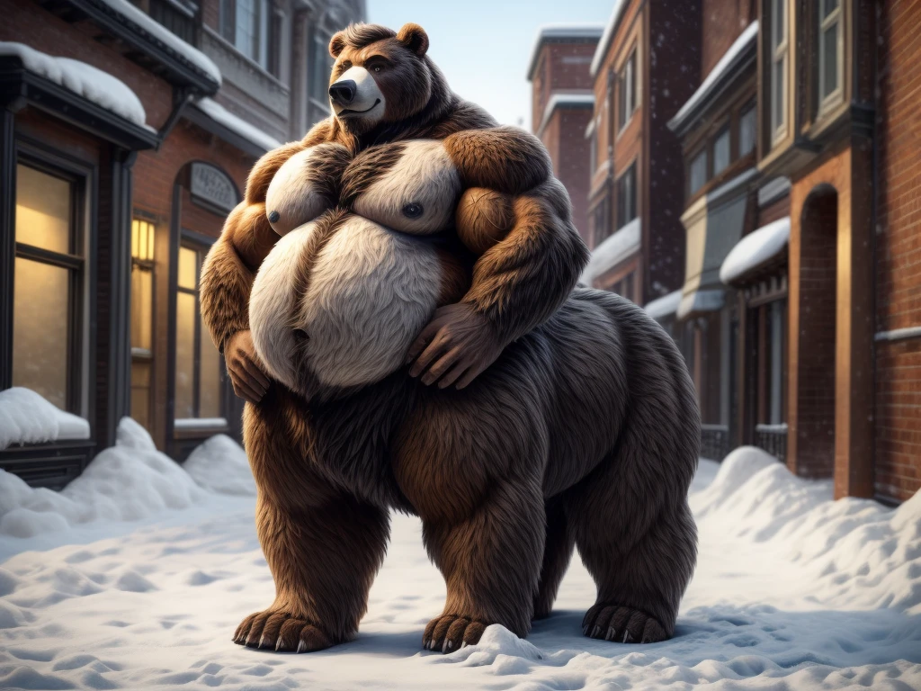 furry, fur taur, beartaur, middle-age, solo,1man, detailed face, bear ears, bear eyes(brown), bear nose(black), bear mouth, beard(grey), mature hair(grey), detailed arms, thick arms, muscular, thick hands(5 fingers), detailed body belly, thick body, muscle belly(white), thick chest, chest hair(white), nipples, detailed taur body, thick taur body, thick bear paws, thick bear tail, full body shot, snow, standing on the street in the U.S.
