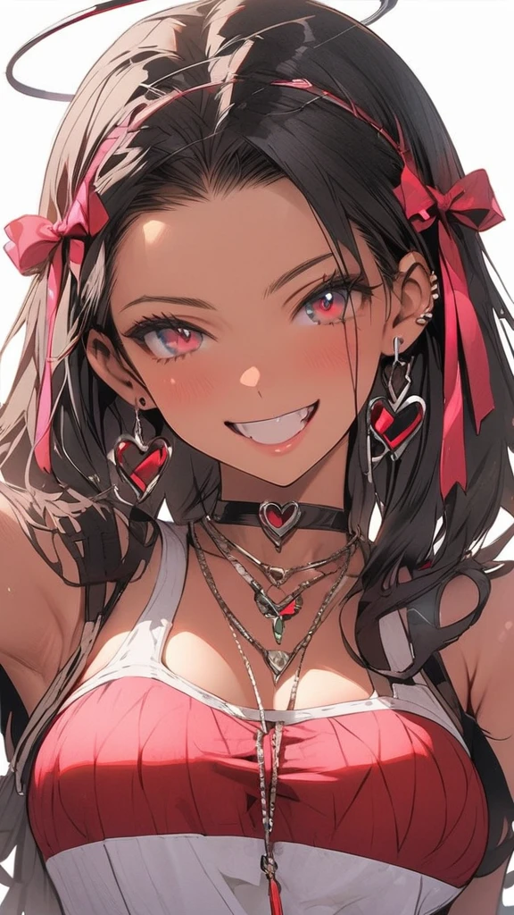 One smiling girl with ribbon, hi-res, anatomically correct, beautiful breasts, heart-shaped earrings, POV, diffracted spikes
