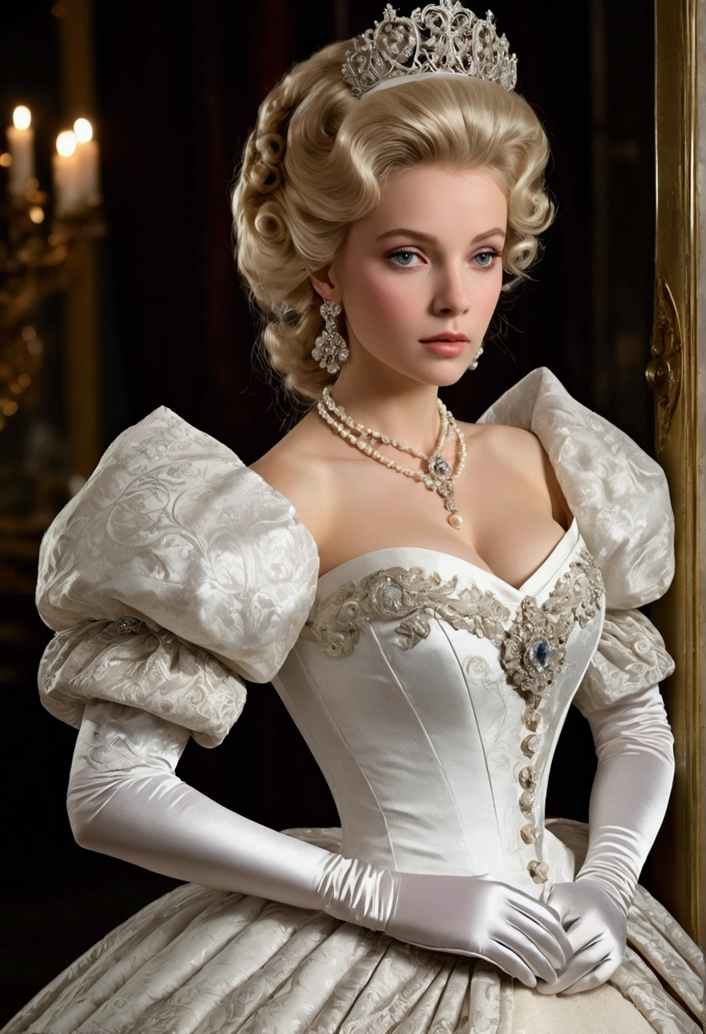 A stunningly beautiful blonde fairytale Princess shining with Royal Pomp and Regal Splendor, wearing a Stately and (((Elaborate))) Royal Cinderella Wedding Dress of Silver and White Brocade, with (((enormous puffed sleeves))) a stiffly boned, padded and corseted bodice, an hourglass waist, a (((huge crinoline hoopskirt))) and (((bustle))), adorned with ribbons, bows, roses, lace, ruffles, frills, embroidery, and jewels, elaborately curled and styled hair, long white gloves, pearl and diamond necklace and earrings