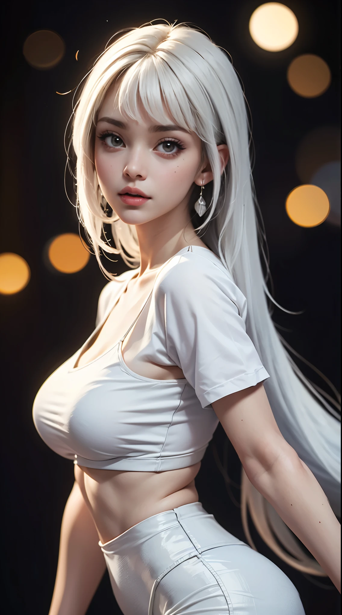 (1girl,tight underboob shirt,tight leggings,white hair,beautiful detailed eyes,beautiful detailed lips,extremely detailed face,longeyelashes,realistic,photorealistic,photo-realistic:1.37,best quality,4k,8k,highres,masterpiece:1.2,ultra-detailed,studio lighting,extreme detail description,professional,vivid colors,bokeh,portrait)