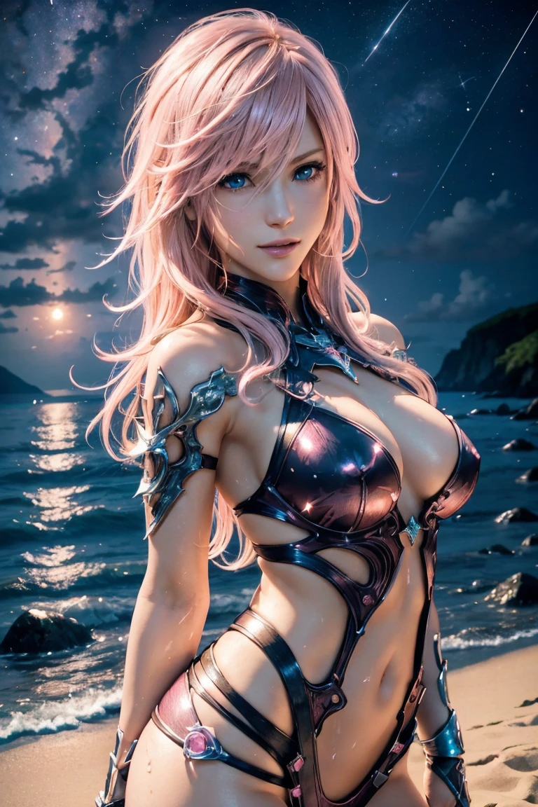 Lightning,Final Fantasy 13,Pink Blonde,Medium Hair,Light perm hair,Hair curled to one side,Let your bangs down,Beautiful Blue Eyes,Beautiful and high nose,Ultra HD,high quality,masterpiece,Digital SLR,Detailed explanation,Intricate details,Anatomical basis,Detailed Description,Detailed face,Realistic skin texture,Sharp details,Perfect Anatomy,Perfect Anatomy,Anatomically correct hand,Anatomically correct fingers,Super Detail,Complex 3D rendering,Sexy pose,Pink Swimsuit,Wet,Beautiful night sky,A starry sky,Beautiful beaches,Fantastic night beach,shooting star,Fantasy worldview,Picturesque,Pink Lips,smile,Brighten up your expression,