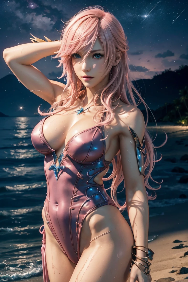 Lightning,Final Fantasy 13,Pink Blonde,Medium Hair,Light perm hair,Hair curled to one side,Let your bangs down,Beautiful Blue Eyes,Beautiful and high nose,Ultra HD,high quality,masterpiece,Digital SLR,Detailed explanation,Intricate details,Anatomical basis,Detailed Description,Detailed face,Realistic skin texture,Sharp details,Perfect Anatomy,Perfect Anatomy,Anatomically correct hand,Anatomically correct fingers,Super Detail,Complex 3D rendering,Sexy pose,Pink Swimsuit,Wet,Beautiful night sky,A starry sky,Beautiful beaches,Fantastic night beach,shooting star,Fantasy worldview,Picturesque,Pink Lips,smile,Brighten up your expression,