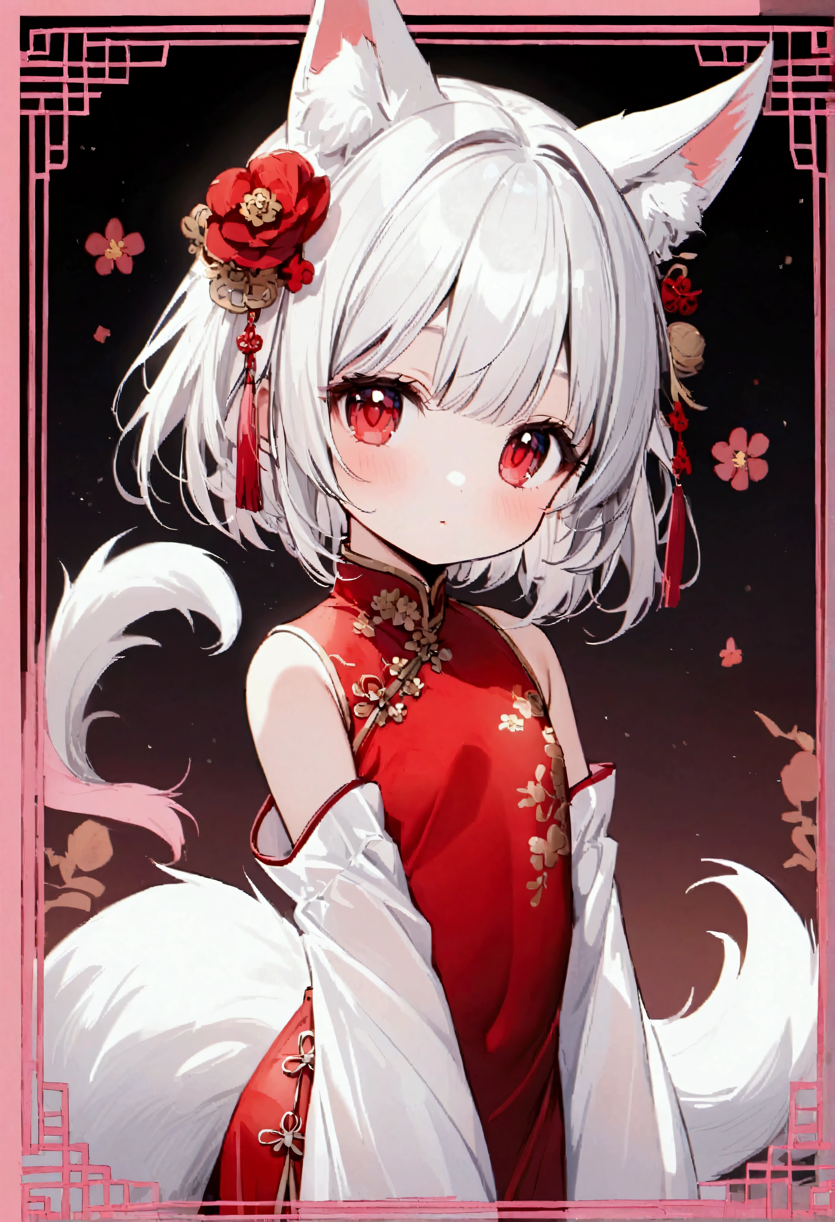 with short white hair, Red Eyes, White fox ears with pink border, Red Chinese dress with border, and white and pink tail.