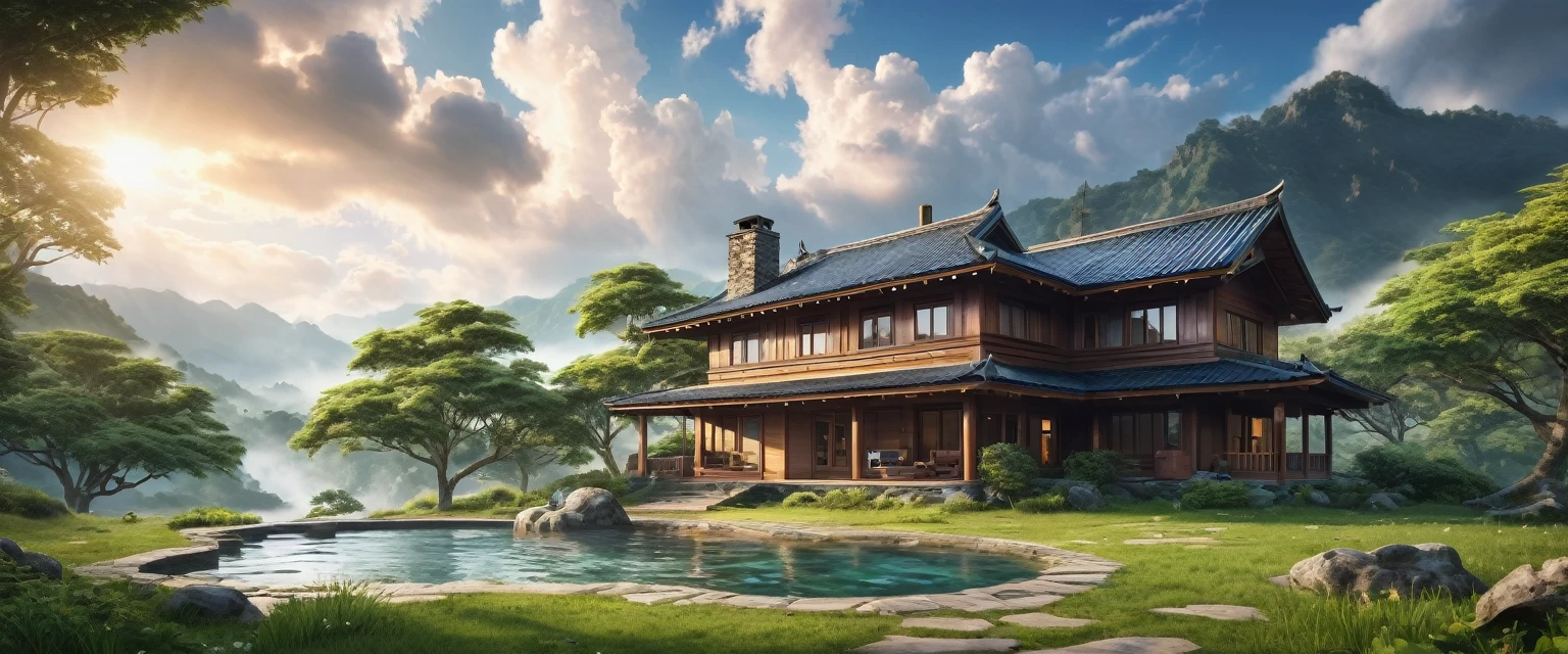 Unparalleled masterpiece, (photorealistic:1.4), best quality, beautiful lighting, (hot spring), (extremely detailed CG unity 8k wallpaper), full shot landscape photo of the most beautiful artwork in the world, cloudy sky background lush landscape house and trees illustration concept art