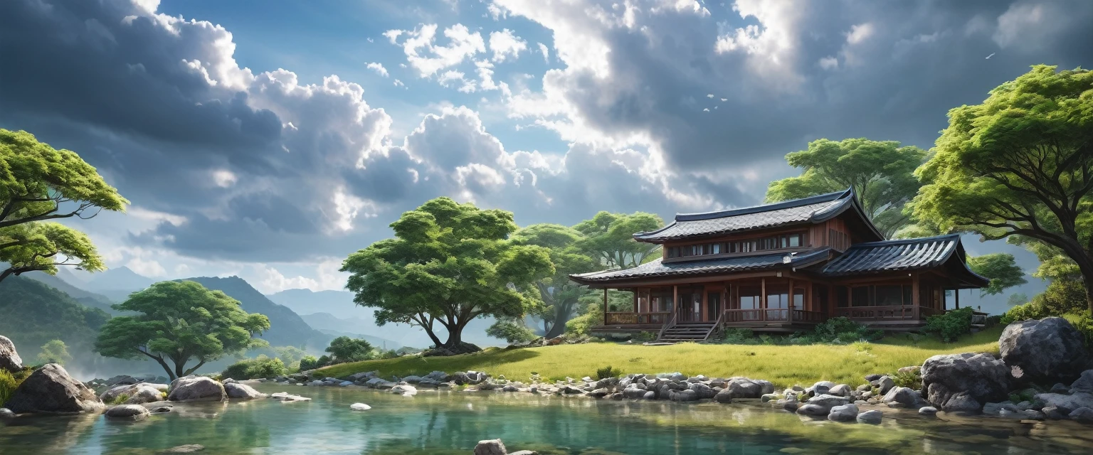 Unparalleled masterpiece, (photorealistic:1.4), best quality, beautiful lighting, (hot spring), (extremely detailed CG unity 8k wallpaper), full shot landscape photo of the most beautiful artwork in the world, cloudy sky background lush landscape house and trees illustration concept art