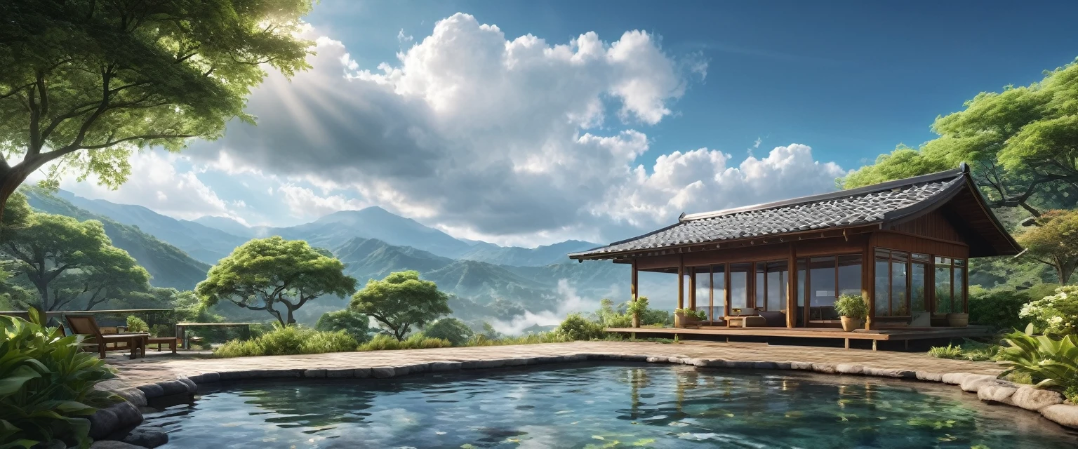Unparalleled masterpiece, (photorealistic:1.4), best quality, beautiful lighting, (hot spring), (extremely detailed CG unity 8k wallpaper), full shot landscape photo of the most beautiful artwork in the world, cloudy sky background lush landscape house and trees illustration concept art