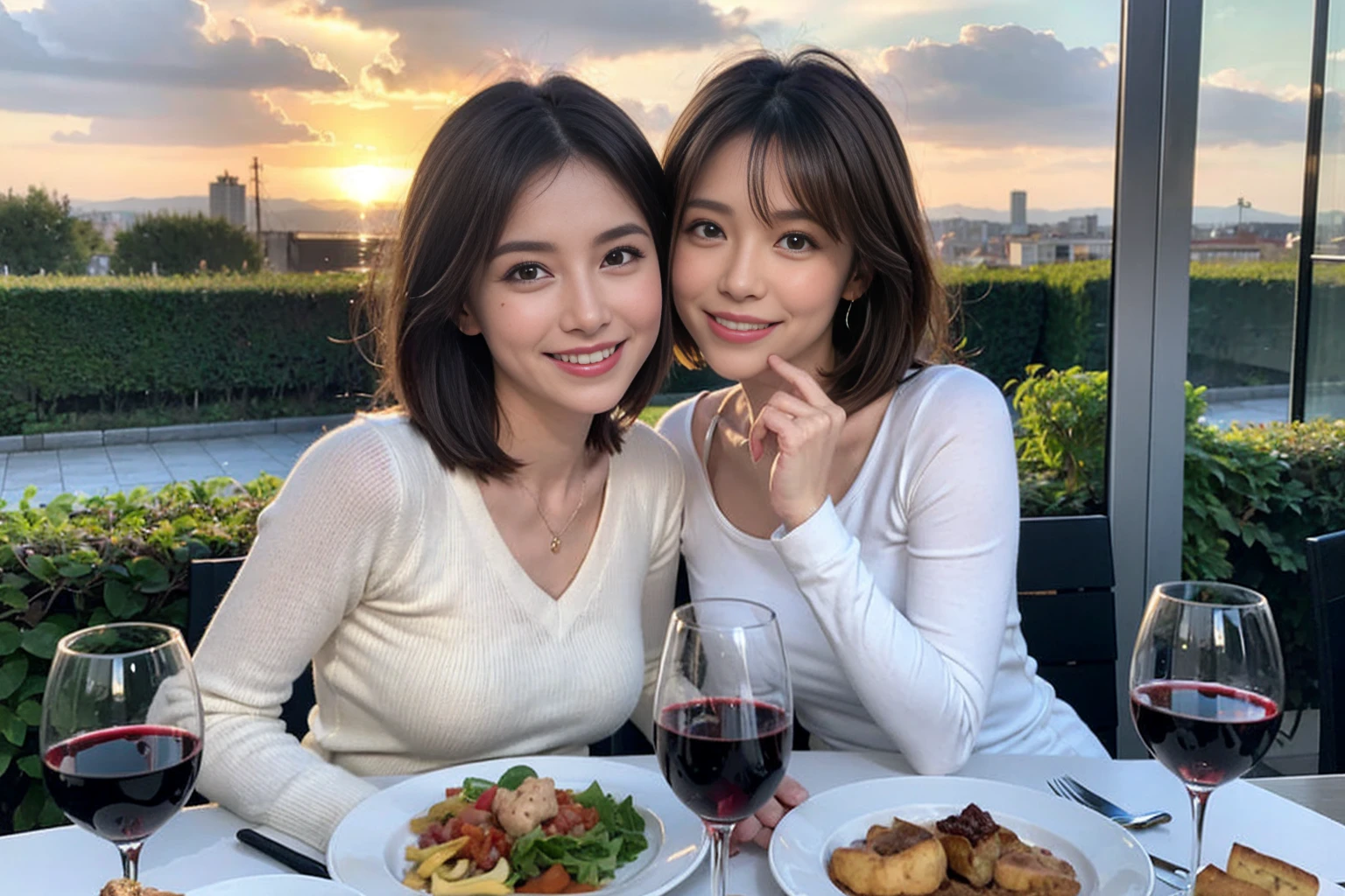 (Realistic:1.1),(masterpiece,Highest quality),8k,(49 years old), 50 years old, slimカップル、Model Couple、actress/actor、Tight waist,Upper Body,full-course dinner、wine 、Amazing view of the sunset sky and clouds、Perfect Anatomy, Brown Hair, short hair,Random Hairstyles,((Highly detailed face and eyes:1.2)),美しいactressの顔,Perfect golden ratio face,Long sleeve shirt、dress,(smile:1.2)、Shortcuts、cute、(Realistic, Intricate details:1.2), A bright smile、short hair,Bright Face、赤wine 、Appetizers、Italian food、wine bottle、Champagne、スパークリングwine、(slimな顔), (The body is slim), (Brown Hair), (Shortcuts), Upper Body, 白wine, slim, wineグラス,