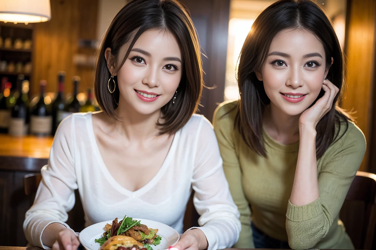 (Realistic:1.1),(masterpiece,Highest quality),8k,(49 years old), 50 years old, slimカップル、Model Couple、actress/actor、Tight waist,Upper Body,full-course dinner、wine 、Amazing view of the sunset sky and clouds、Perfect Anatomy, Brown Hair, short hair,Random Hairstyles,((Highly detailed face and eyes:1.2)),美しいactressの顔,Perfect golden ratio face,Long sleeve shirt、dress,(smile:1.2)、Shortcuts、cute、(Realistic, Intricate details:1.2), A bright smile、short hair,Bright Face、赤wine 、Appetizers、Italian food、wine bottle、Champagne、スパークリングwine、(slimな顔), (The body is slim), (Brown Hair), (Shortcuts), Upper Body, 白wine, slim, wineグラス,