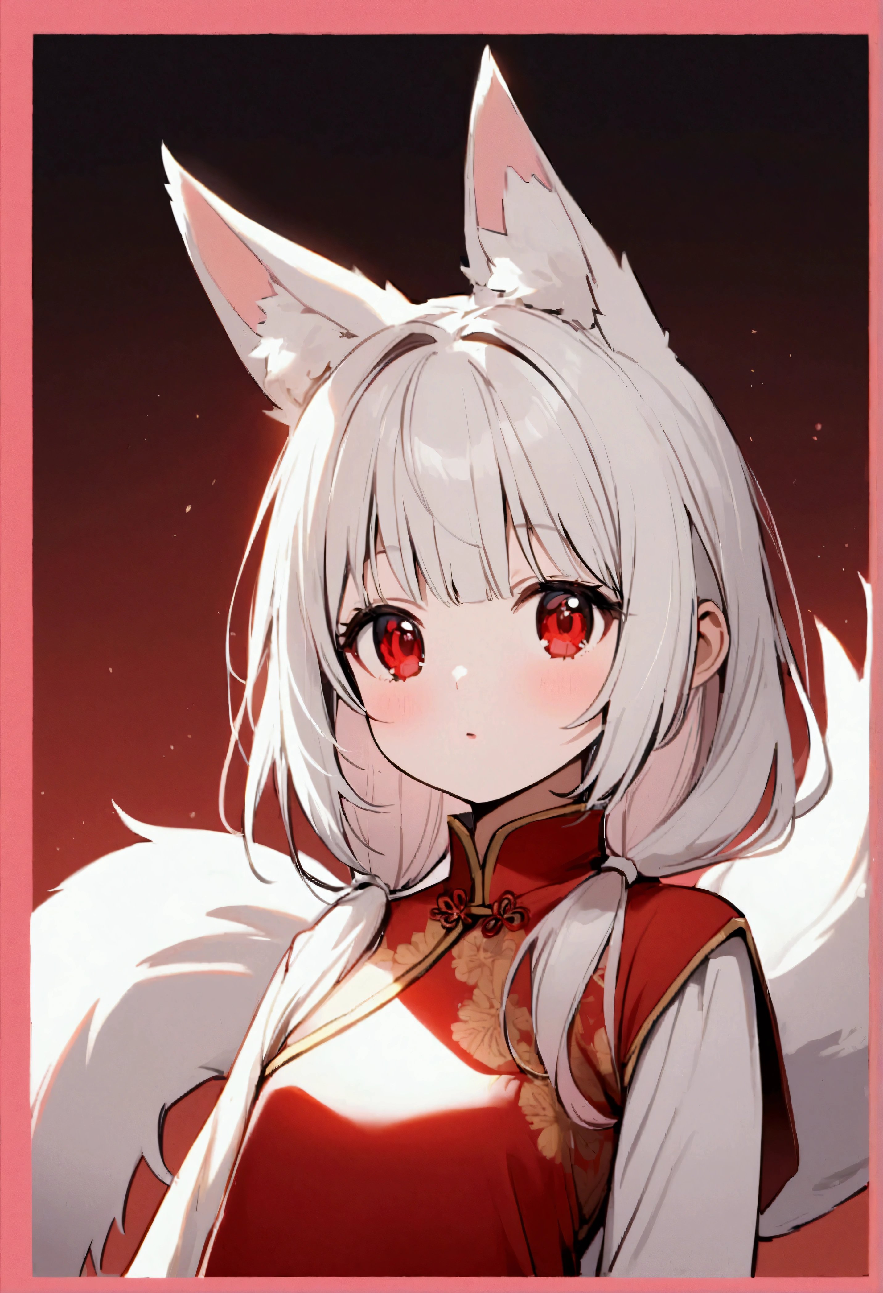 Little girl with short white hair, Red Eyes, White fox ears with pink border, Red Chinese dress with border, and white and pink tail.
