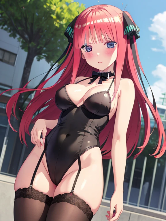 best quality, insanely detailed, nino nakano, breasts, blush, outdoor background, bare-shoulder, looking at viewer, garter strap, a black ribbon, stockings, highleg leotard