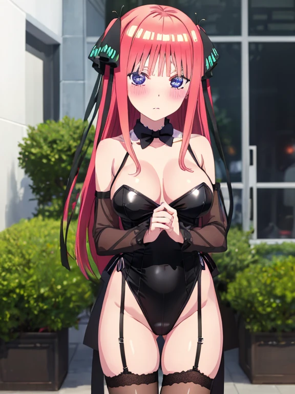 best quality, insanely detailed, nino nakano, breasts, blush, outdoor background, bare-shoulder, looking at viewer, garter strap, a black ribbon, stockings, highleg leotard